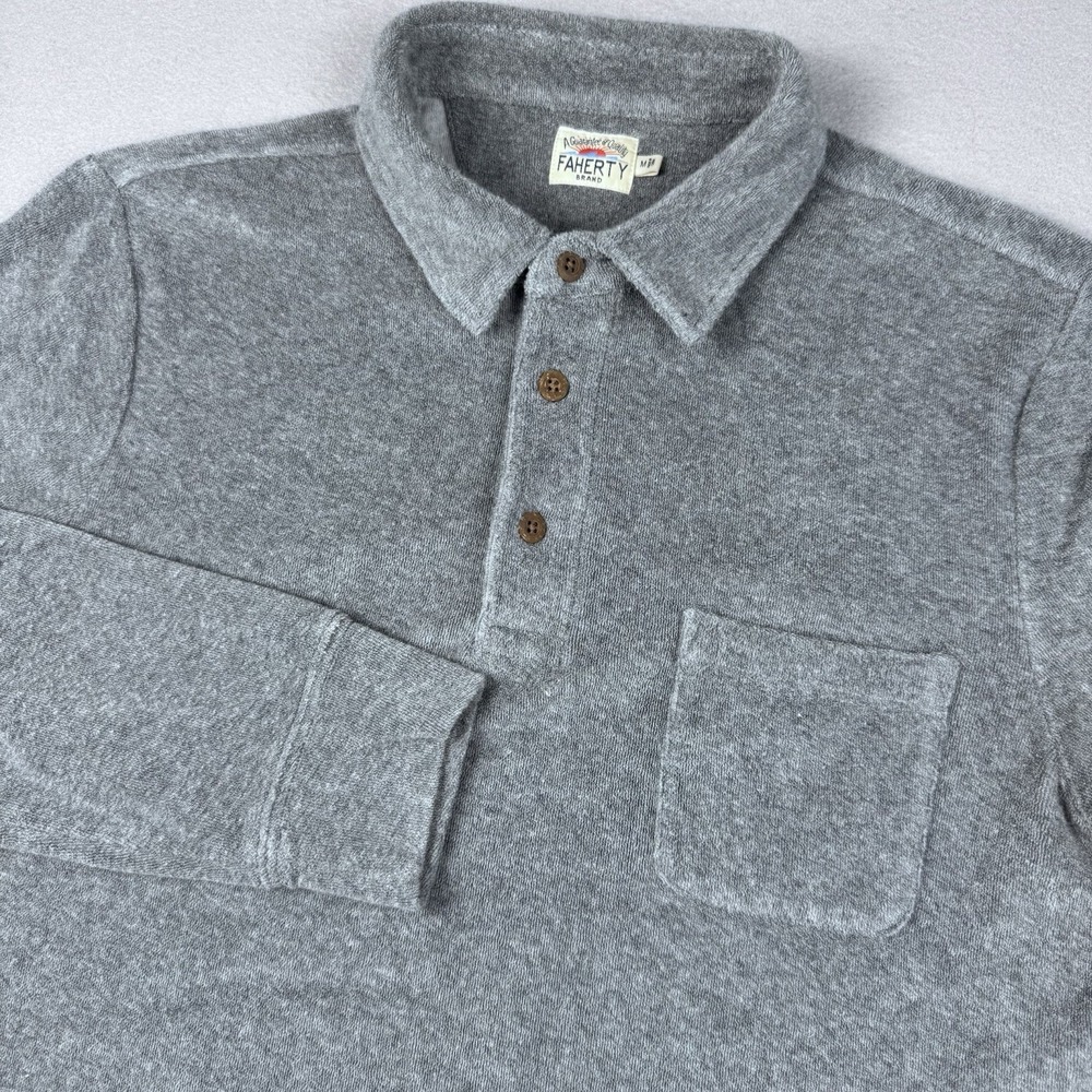 Faherty Brand Long Sleeve Polo Men M Gray Terry Towel Cloth Pocket Resort Beach
